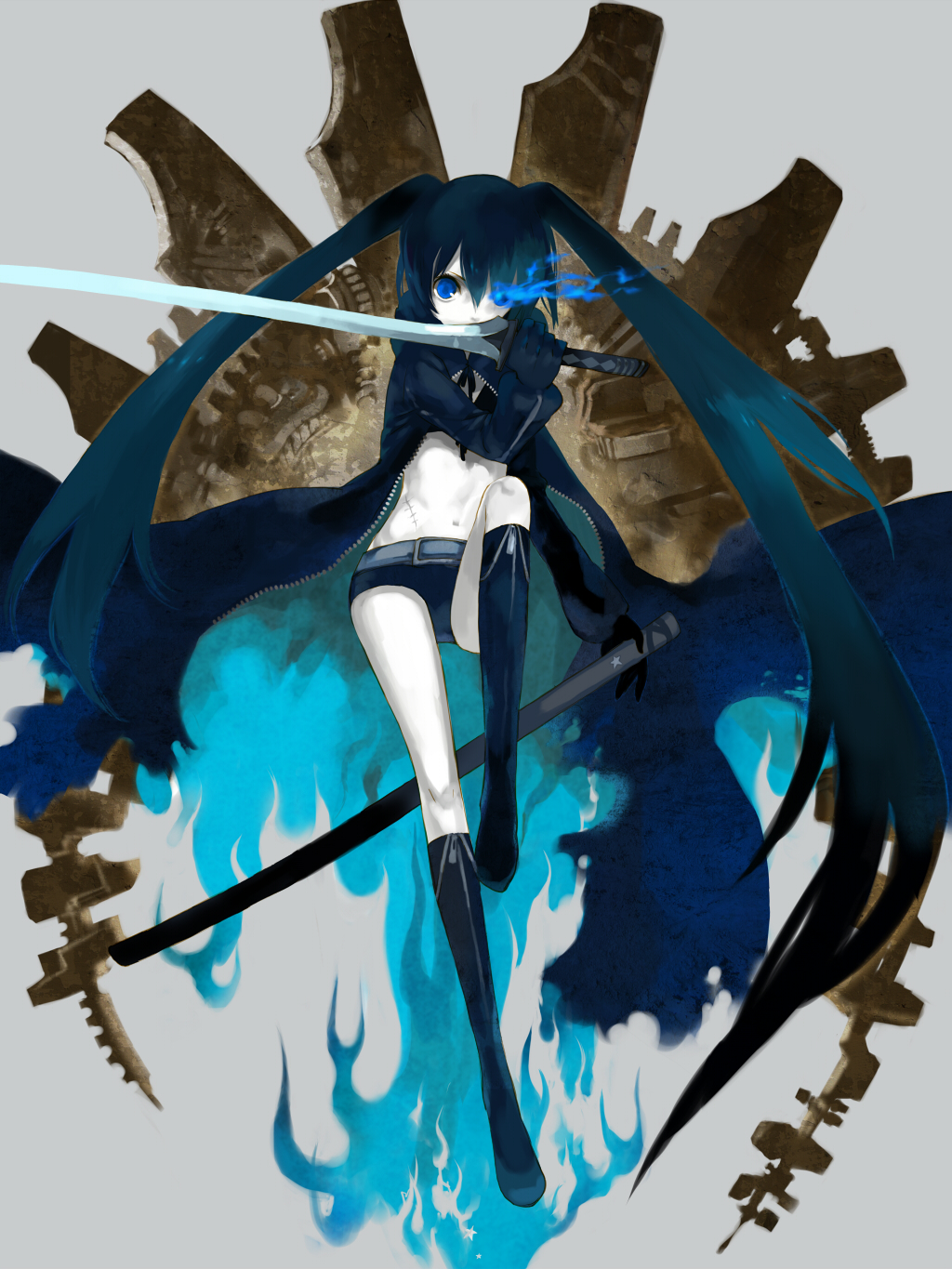 black, black_rock_shooter, black_rock_shooter_(character), blue_eyes, fire, gloves, green_hair, highres