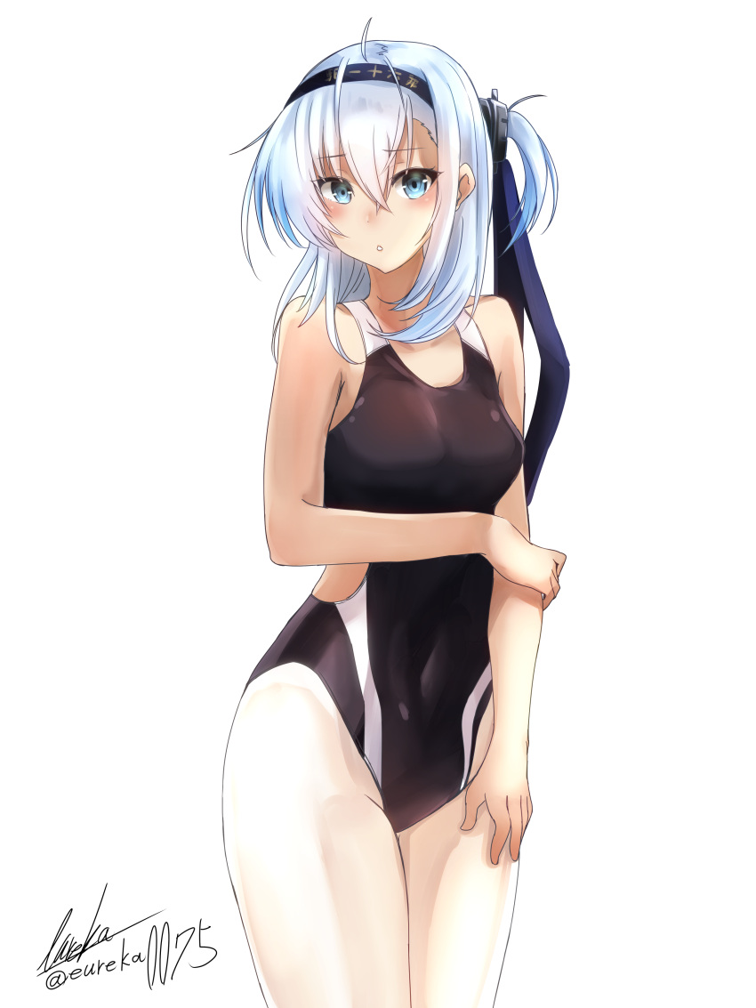 1girl, absurdres, alternate_costume, black_headband, blue_eyes, blush, breasts, closed_mouth