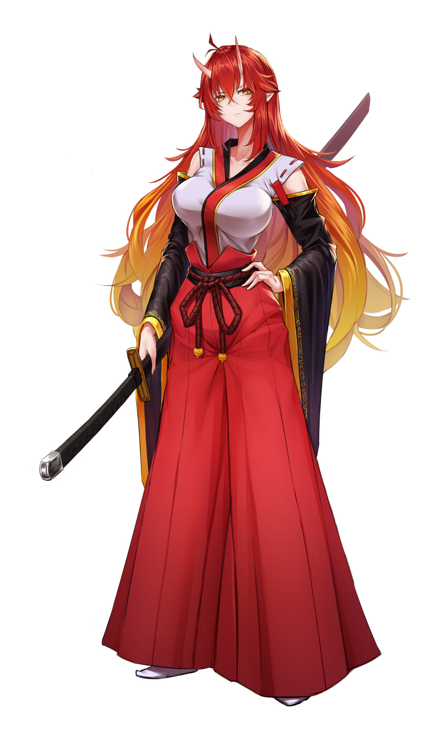 1girl, absurdres, bangs, blonde_hair, breasts, collarbone, detached_sleeves, full_body