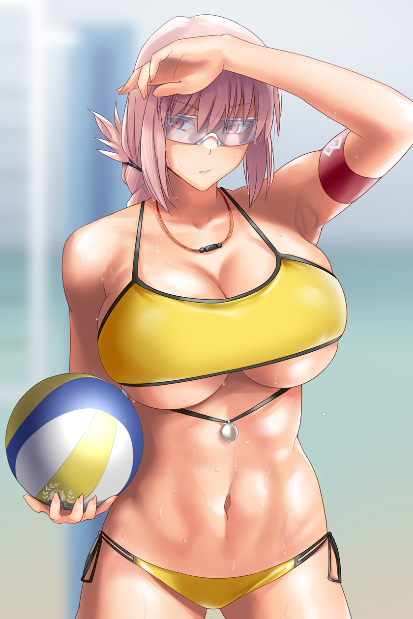 1girl, armband, beach_volleyball, bikini, braid, breasts, chaldea_lifesavers, cowboy_shot