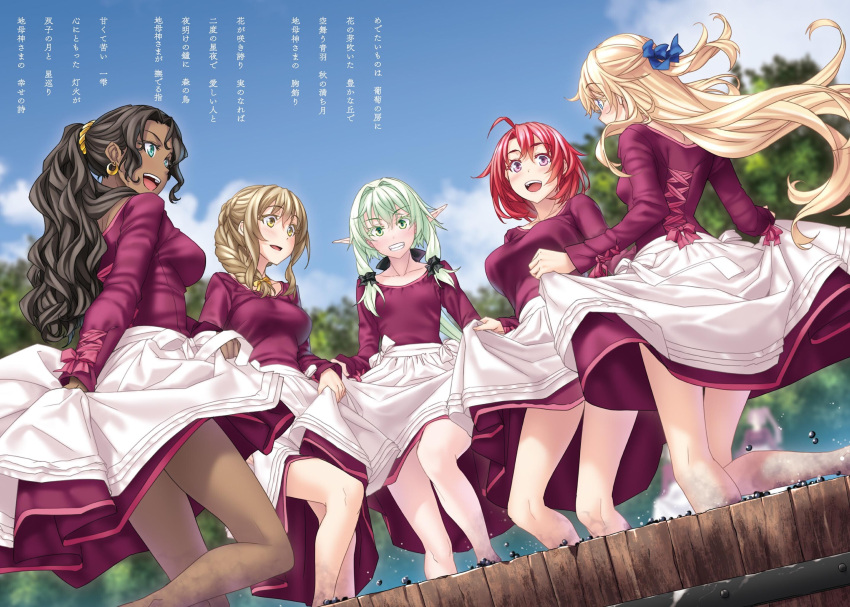 5girls, :d, ahoge, black_bow, black_hair, blonde_hair, blue_bow, blue_eyes