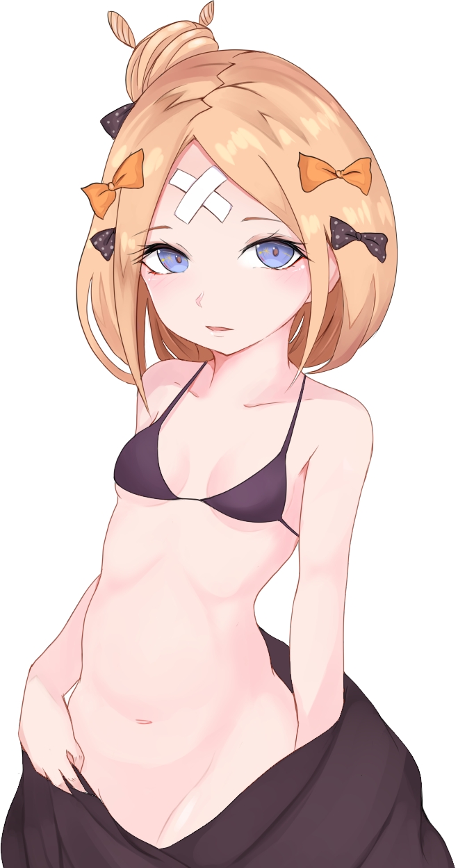 1girl, abigail_williams_(fate/grand_order), bandaid_on_forehead, bangs, bare_shoulders, bikini, black_bikini, black_bow, black_jacket, blonde_hair, blue_eyes, blush, bow, breasts, collarbone, crossed_bandaids, fate/grand_order, fate_(series), forehead, hair_bun, heroic_spirit_traveling_outfit, highres, jacket, long_hair, looking_at_viewer, luomu, navel, off_shoulder, open_clothes, open_jacket, orange_bow, parted_bangs, parted_lips, polka_dot, polka_dot_bow, simple_background, small_breasts, solo, swimsuit, white_background