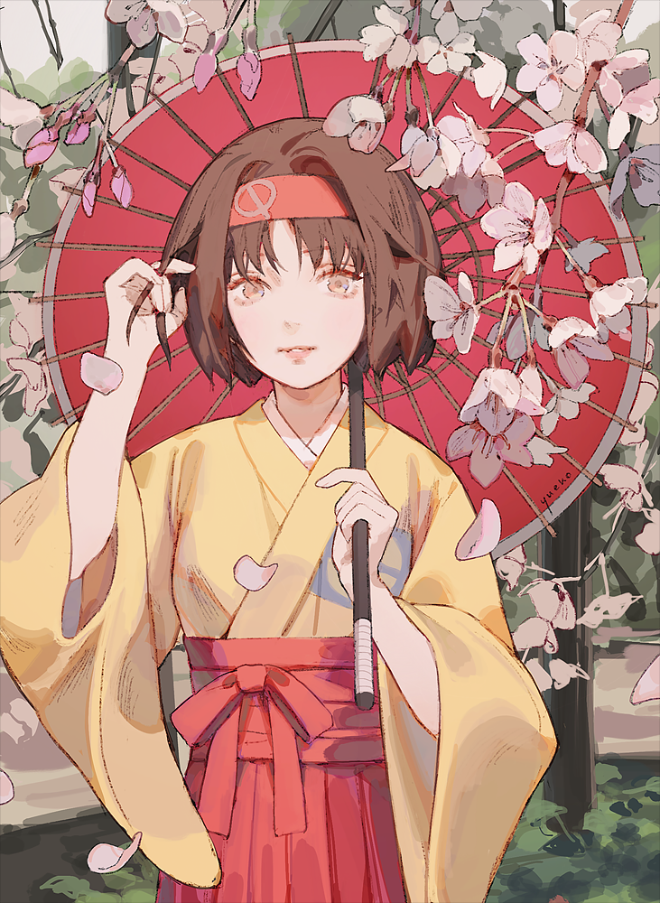 1girl, bangs, branch, brown_eyes, brown_hair, cherry_blossoms, creatures_(company), erika_(pokemon)