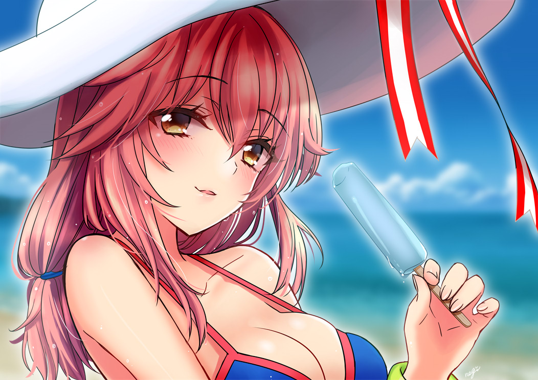 1girl, aonegi, bikini, blue_bikini, blush, breasts, cleavage, collarbone