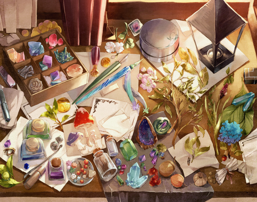 berry, bottle, crystal, desk, emerald_(gemstone), feathers, flower, fountain_pen