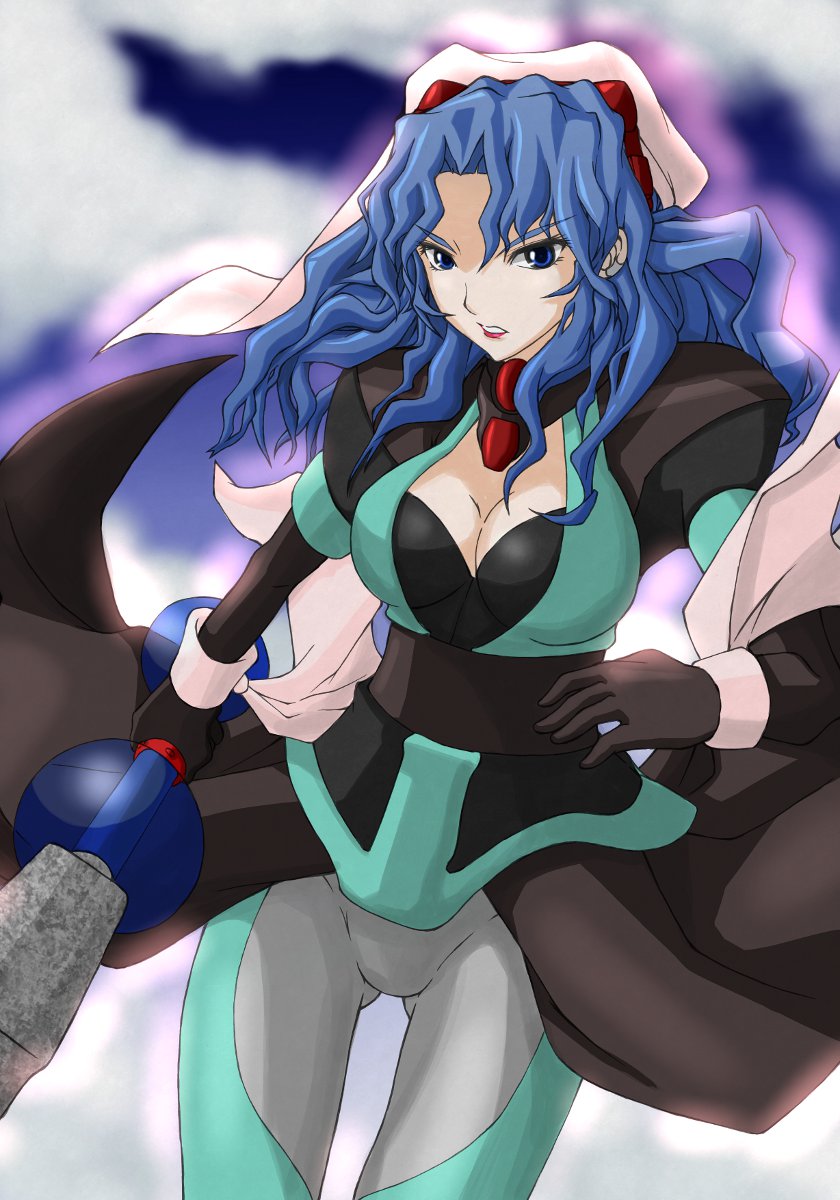 1girl, 90s, amakarakuchi, bangs, black_gloves, blue_hair, blurry, blurry_background