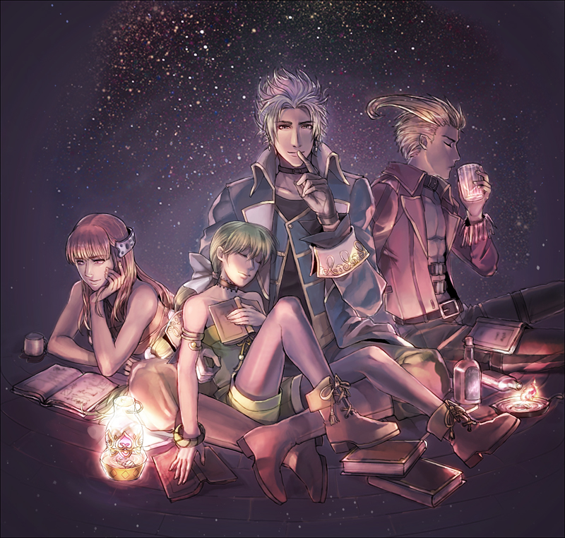 2boys, 2girls, bare_shoulders, belt, black_legwear, bow, choker, closed_mouth