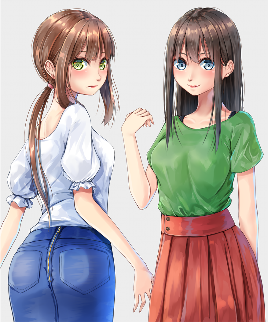2girls, amagami_rukichi, blue_eyes, brown_hair, denim, green_eyes, green_shirt, grey_background