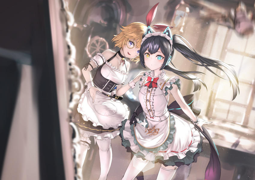 2girls, absurdres, alternate_costume, alternate_hair_color, annette_(king's_raid), aqua_eyes, bare_shoulders, bell