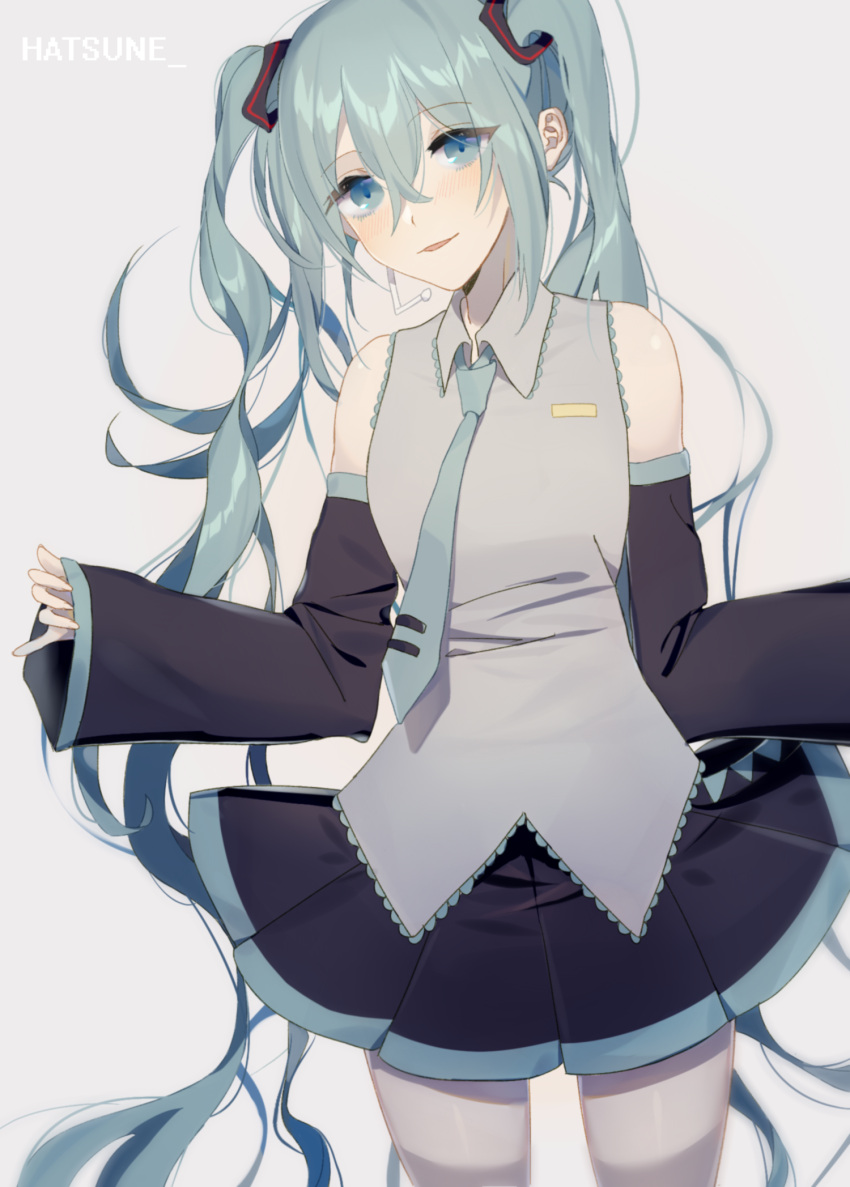 1girl, aqua_eyes, aqua_hair, aqua_neckwear, arms_up, asagi_jin, bangs, black_skirt