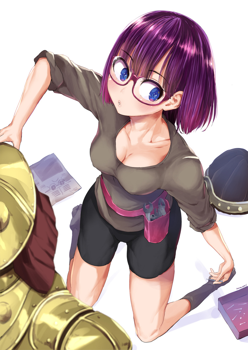 1girl, bangs, bike_shorts, blue_eyes, blush, breasts, chrono_trigger, cleavage