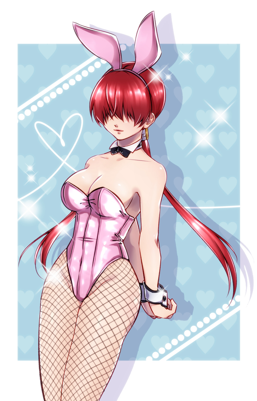 1girl, animal_ears, arms_behind_back, bare_shoulders, breasts, bunny_girl, bunnysuit, cleavage, closed_mouth, collarbone, commentary_request, detached_collar, earrings, fake_animal_ears, fishnet_pantyhose, fishnets, hair_between_eyes, heart, heart_background, highleg, highleg_leotard, highres, jewelry, leotard, lips, long_hair, medium_breasts, namakotaic, pantyhose, pink_leotard, rabbit_ears, shadow, shermie, shiny, shiny_clothes, shiny_hair, shiny_skin, simple_background, solo, sparkle, strapless, strapless_leotard, the_king_of_fighters, the_king_of_fighters_'97, wrist_cuffs