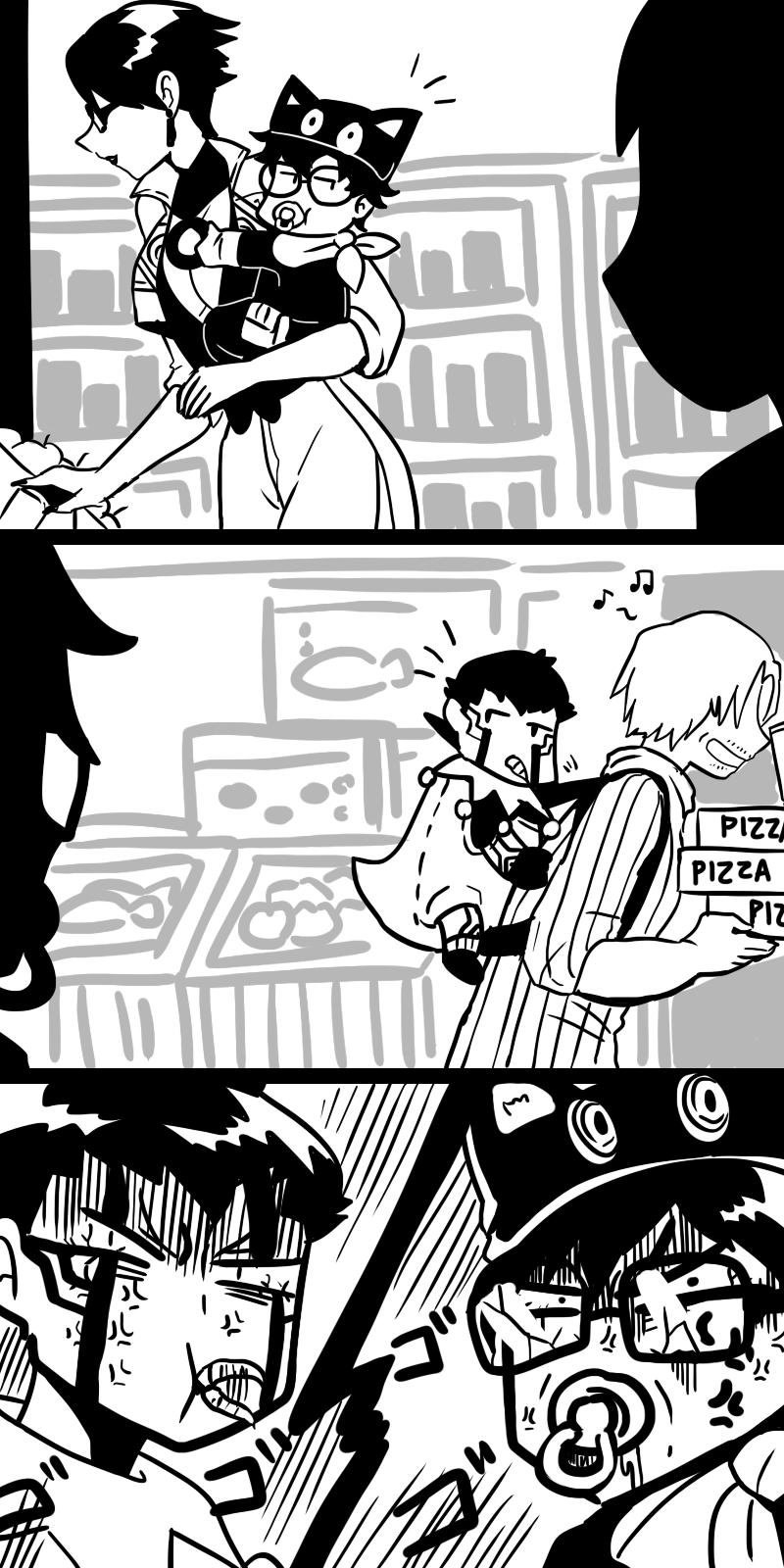 1girl, 3boys, 3koma, amamiya_ren, anger_vein, angry, animal_hat, baby, bandanna, bayonetta, bayonetta_(character), carrying, cat_hat, comic, creator_connection, dante_(devil_may_cry), devil_may_cry, duckpasta_flo, facial_hair, food, glasses, greyscale, hat, highres, hitoshura, magatama, monochrome, multiple_boys, musical_note, nintendo, pacifier, persona, persona_5, pizza, pizza_box, shin_megami_tensei, shin_megami_tensei_iii:_nocturne, short_hair, stubble, super_smash_bros., supermarket, younger