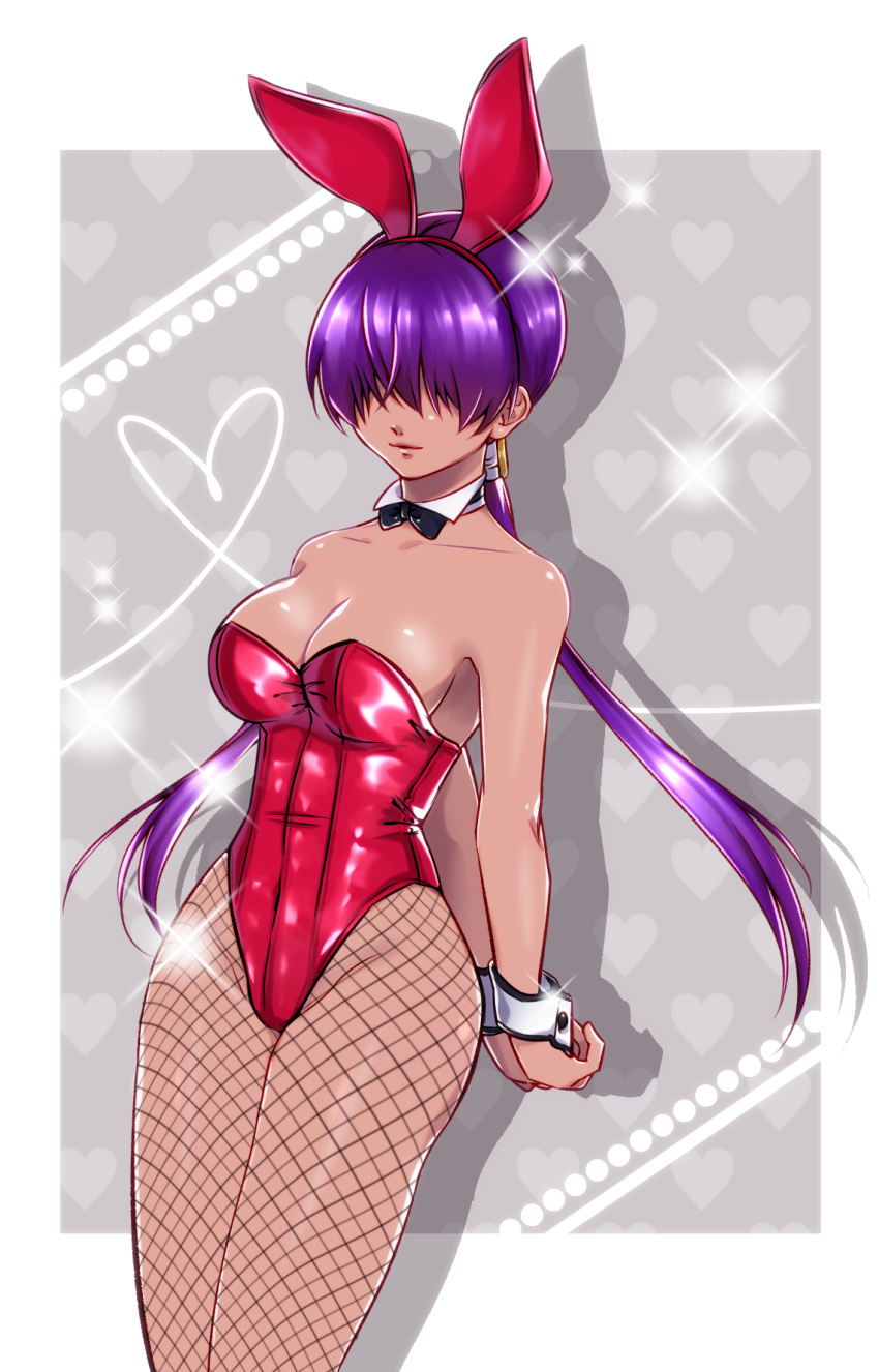 1girl, animal_ears, arms_behind_back, bare_shoulders, breasts, bunny_girl, bunnysuit, cleavage