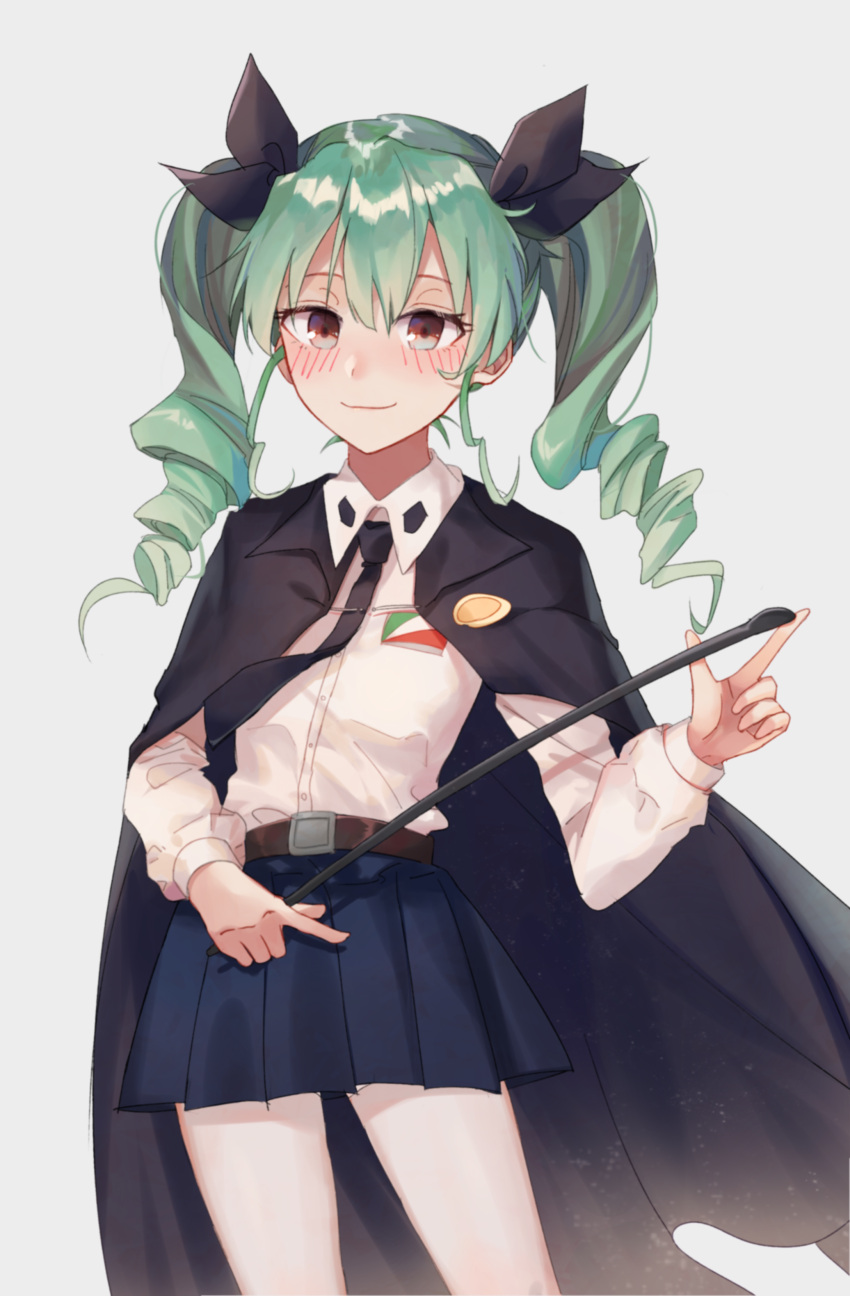 1girl, absurdres, anchovy, asagi_jin, blue_skirt, blush, braid, brown_eyes