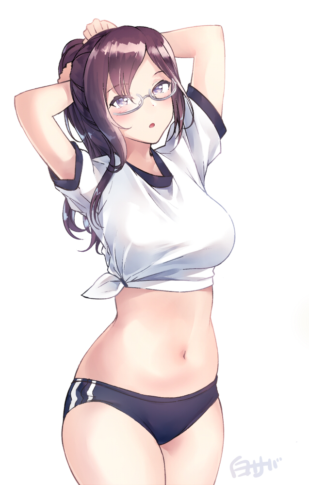 1girl, :o, artist_name, blue_eyes, breasts, brown_hair, buruma, commentary_request
