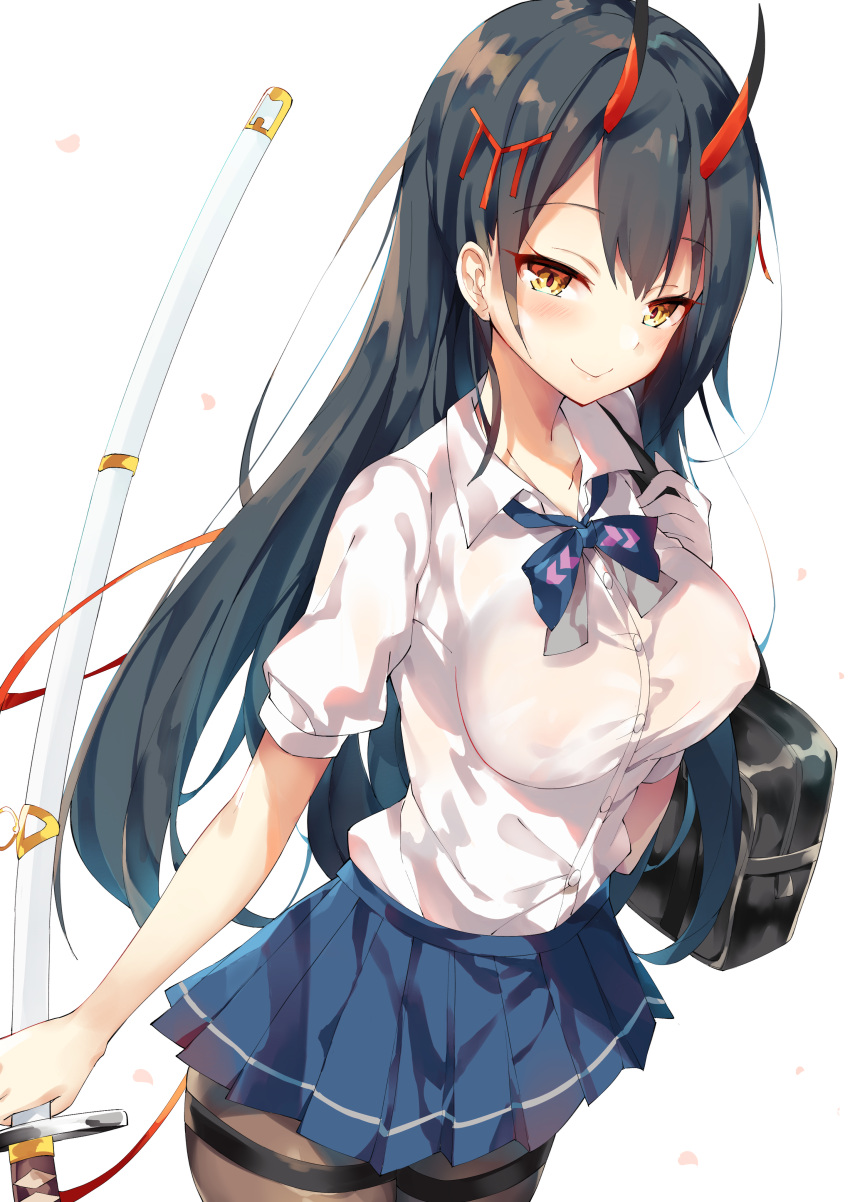 1girl, absurdres, azur_lane, bag, bangs, black_hair, blue_neckwear, blue_skirt