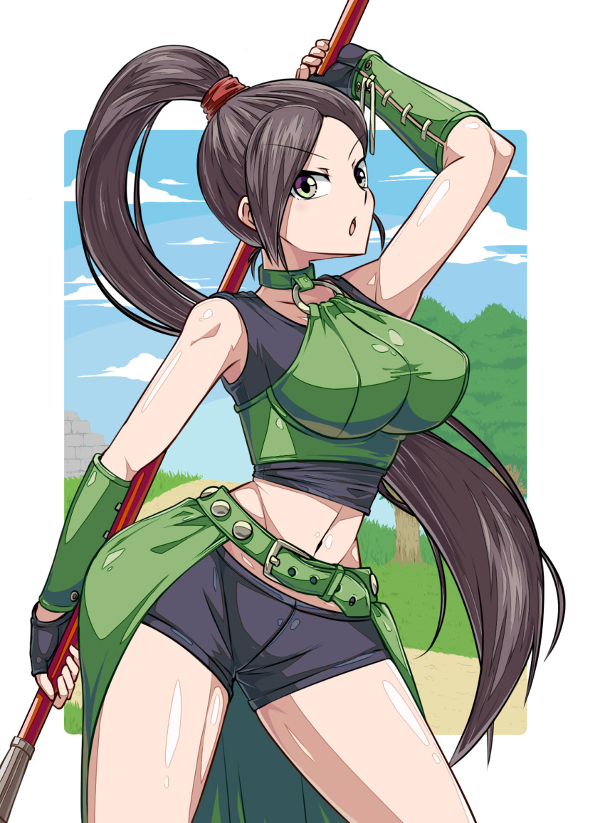 1girl, arm_up, bare_shoulders, bike_shorts, black_gloves, black_hair, blue_sky, breasts
