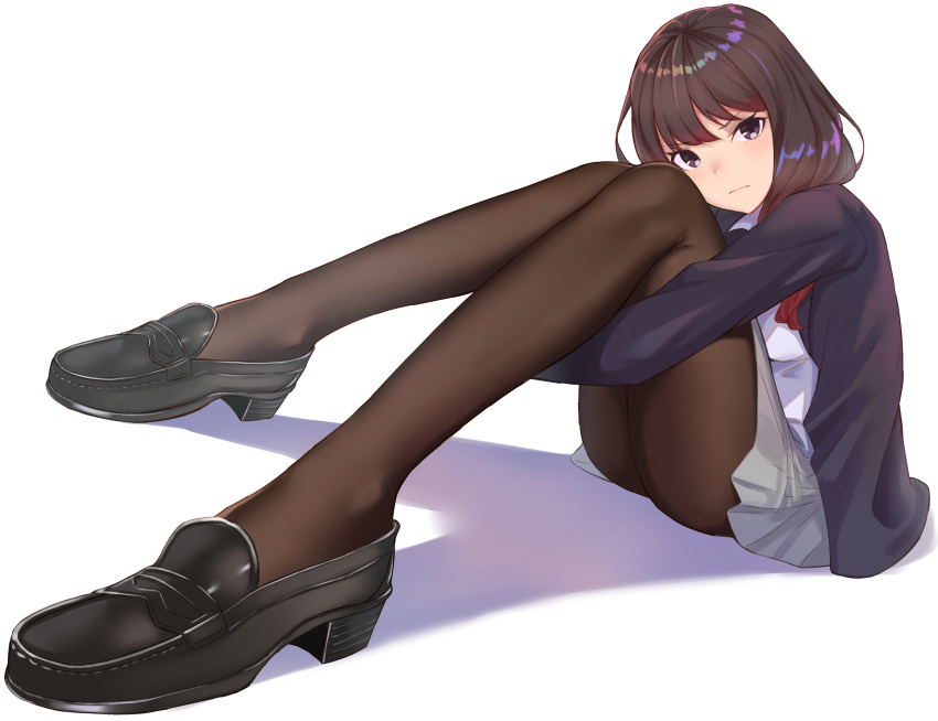 >:(, 1girl, absurdres, bangs, black_footwear, blue_jacket, blush, brown_eyes