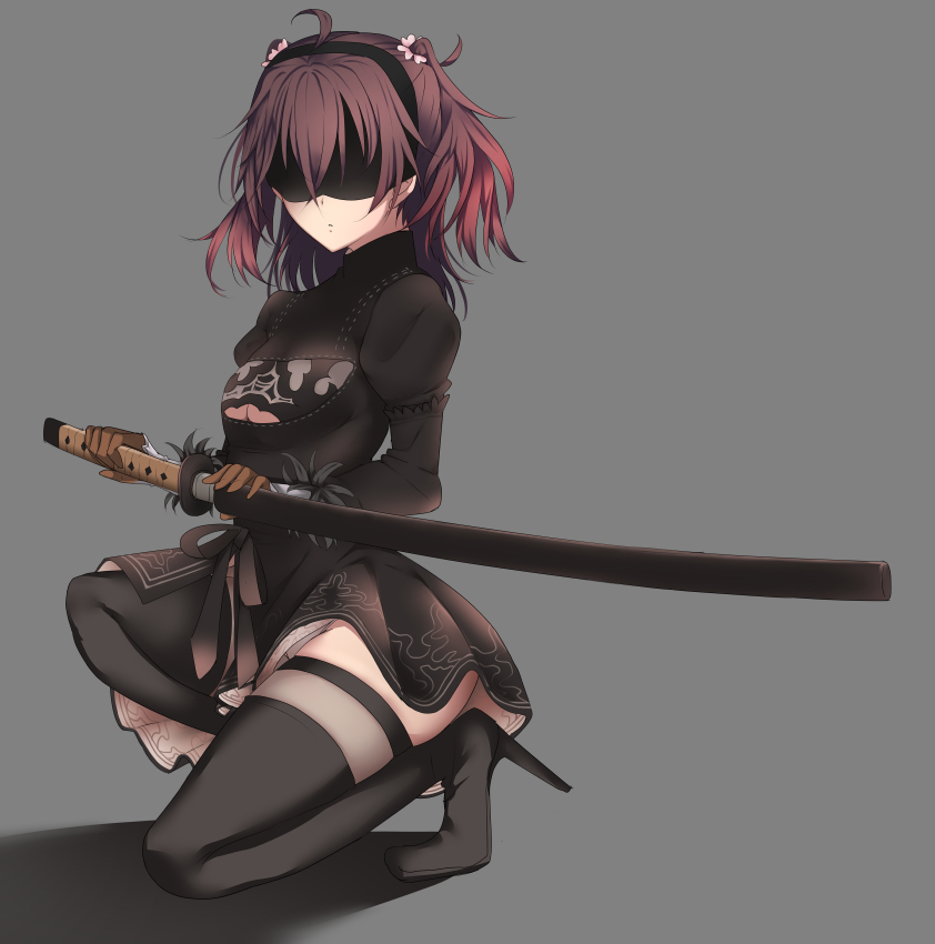 1girl, 80mph, ahoge, asakura_mihono, bangs, black_blindfold, black_dress, black_footwear