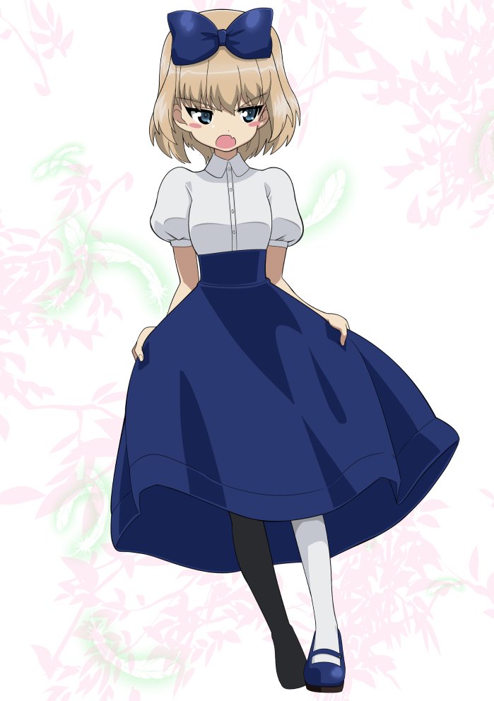 1girl, bangs, blonde_hair, blue_bow, blue_eyes, blue_footwear, blue_skirt, blush_stickers