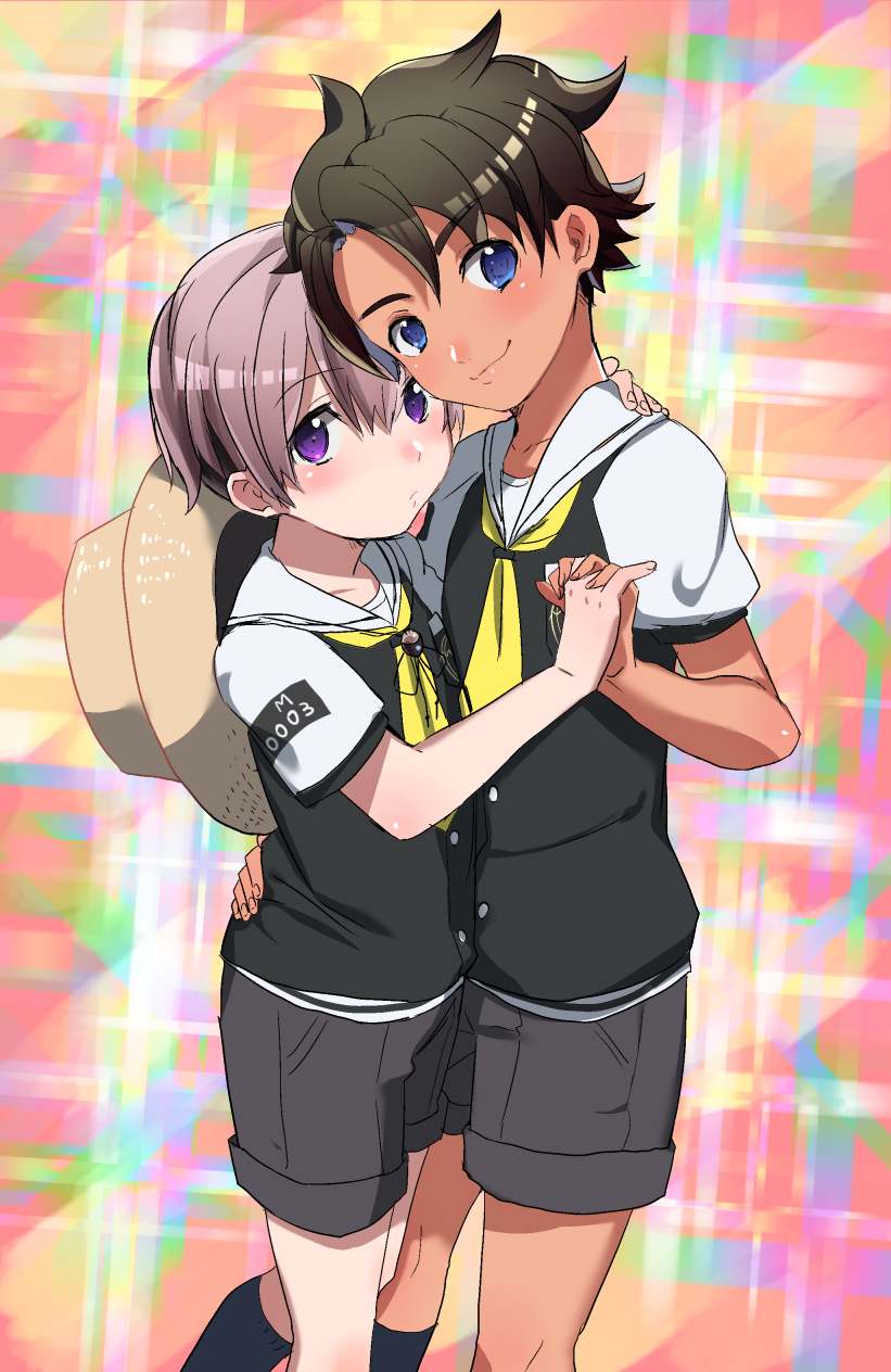 2boys, black_hair, blue_eyes, brown_hair, eyebrows, hand_holding, hat, hat_removed