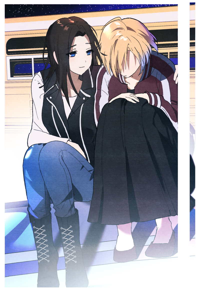 2girls, arm_around_shoulder, bang_dream!, bang_dream!_girls_band_party!, black_footwear, black_hair, black_skirt, black_vest
