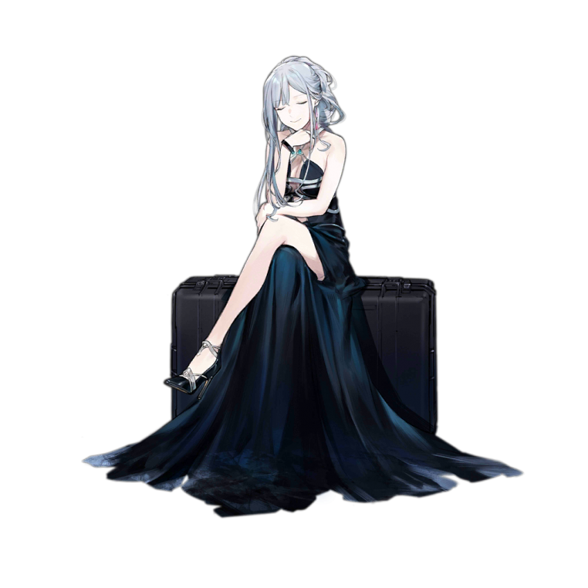 1girl, ak-12_(girls_frontline), alternate_costume, alternate_hairstyle, aquamarine_(gemstone), bangs, black_footwear, blue_dress, braid, breasts, cleavage, closed_mouth, dress, duoyuanjun, eyebrows_visible_through_hair, facing_viewer, french_braid, girls_frontline, halter_dress, high_heels, legs_crossed, long_dress, long_hair, medium_breasts, official_art, ponytail, ribbon, sidelocks, silver_hair, sitting, sleeveless, sleeveless_dress, smile, solo, transparent_background, very_long_hair, weapon_case, wristband