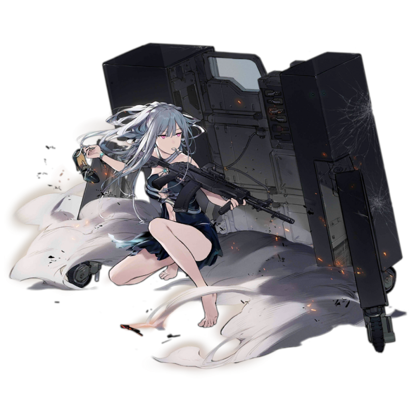 1girl, ak-12, ak-12_(girls_frontline), alternate_costume, alternate_hairstyle, aquamarine_(gemstone), assault_rifle, bangs