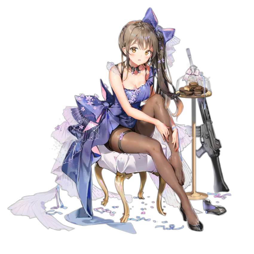 1girl, anmi, assault_rifle, bangs, black_bra, black_footwear, blush, bow, bowtie, bra, breasts, brown_eyes, brown_hair, brown_legwear, chair, choker, cleavage, collarbone, confetti, daewoo_k2, dress, eyebrows_visible_through_hair, food, girls_frontline, gun, hair_bow, hair_ornament, hairclip, hands_on_own_leg, high_heels, k-2_(girls_frontline), knee_up, layered_dress, long_hair, looking_at_viewer, medium_breasts, official_art, open_mouth, pantyhose, purple_bow, purple_dress, rifle, shoe_removed, shoes, side_ponytail, sidelocks, single_shoe, single_sleeve, sitting, solo, table, thigh_strap, transparent_background, underwear, weapon, wristband