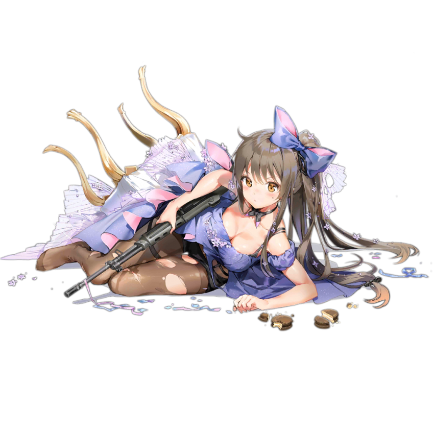 1girl, alternate_costume, alternate_hairstyle, anmi, assault_rifle, bangs, black_bra, blush