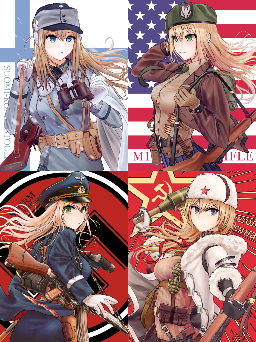 >:(, 4girls, absurdres, american_flag, ammunition_pouch, assault_rifle, bag, bangs