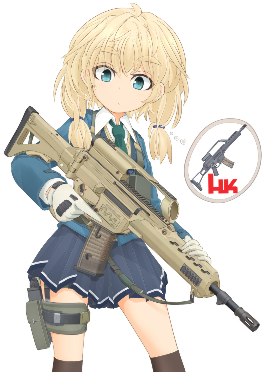 1girl, assault_rifle, bangs, black_legwear, blazer, blonde_hair, blue_eyes, blue_jacket