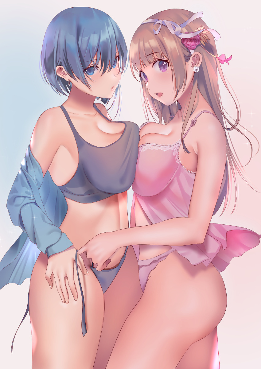 2girls, absurdres, asymmetrical_docking, babydoll, blue_eyes, blue_shirt, breast_press, breasts