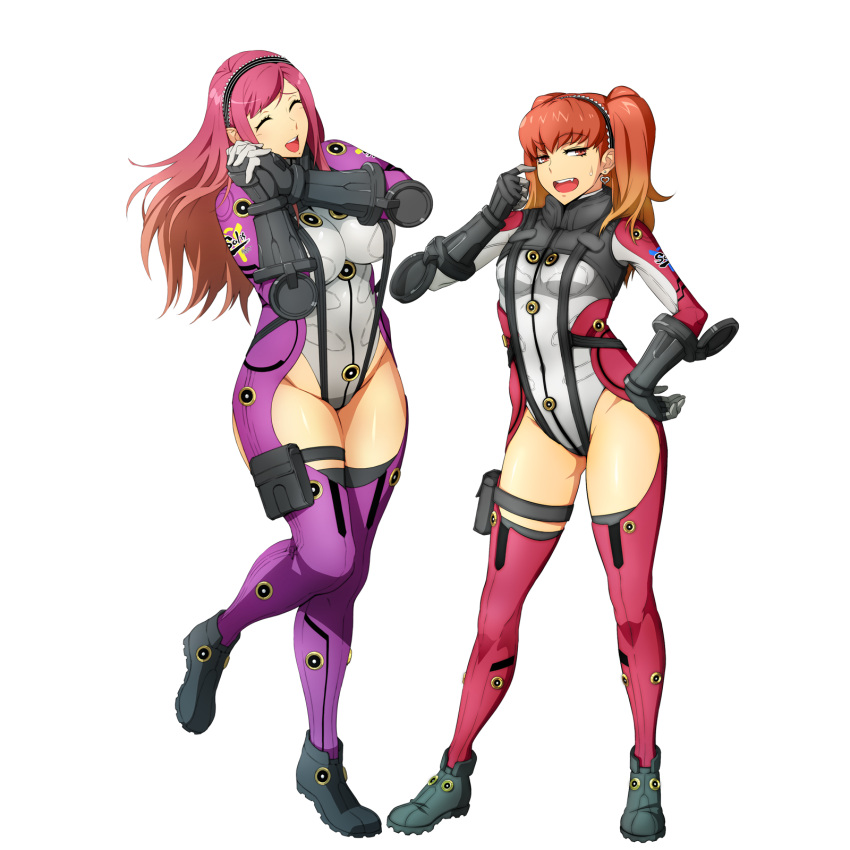 2girls, bertha_bernstein, bodysuit, character_request, closed_eyes, earrings, eyebrows_visible_through_hair, fang, full_body, gloves, gradient_hair, hairband, hand_on_hip, hands_together, heart, heart_earrings, highres, holster, jewelry, long_hair, looking_at_viewer, multicolored_hair, multiple_girls, official_art, open_mouth, orange_hair, redhead, standing, super_robot_wars, super_robot_wars_x-omega, sweatdrop, transparent_background, twintails, two-tone_hair, watanabe_wataru