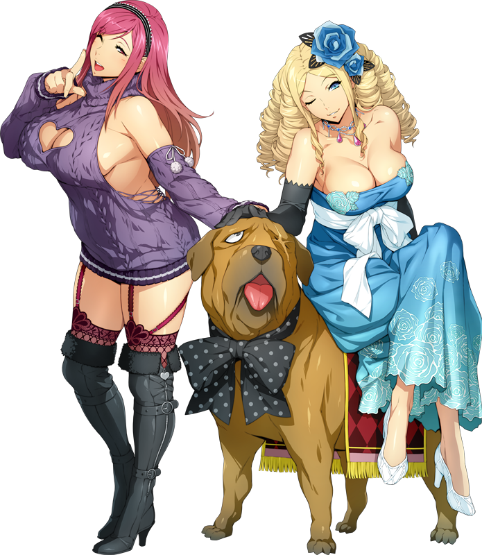 2girls, arm_up, bangs, black_footwear, black_gloves, blonde_hair, blue_dress, blue_eyes, boots, breasts, character_request, cleavage, cleavage_cutout, cross_scar, detached_sleeves, dog, dress, drill_hair, elbow_gloves, flower, garter_straps, gloves, hair_flower, hair_ornament, heart_cutout, high_heels, jewelry, large_breasts, legs_crossed, long_hair, looking_at_viewer, mastiff, multiple_girls, necklace, official_art, one_eye_closed, open_mouth, over-kneehighs, parted_bangs, petting, pink_eyes, pink_hair, pumps, riding, scar, scar_across_eye, smile, standing, strapless, strapless_dress, super_robot_wars, super_robot_wars_x-omega, thigh-highs, transparent_background, turtleneck, watanabe_wataru, white_footwear