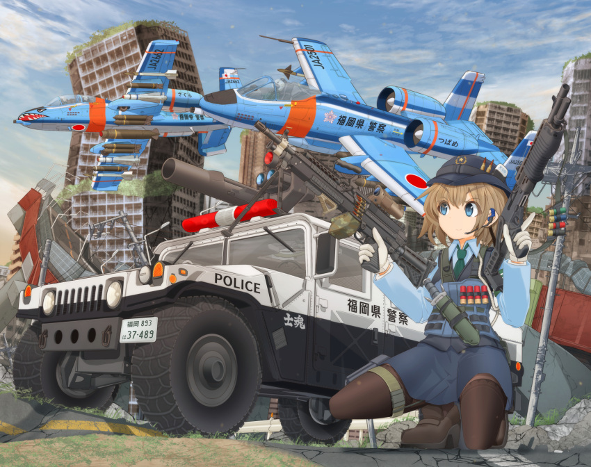 1girl, 3others, a-10_thunderbolt_ii, aiguillette, aircraft, airplane, bangs, black_footwear, black_legwear, blue_eyes, blue_shirt, blue_sky, body_armor, bomb, boots, brown_hair, building, bullet, car, closed_mouth, commentary_request, day, dress_shirt, dual_wielding, eyebrows_visible_through_hair, female_service_cap, fighter_jet, gloves, green_neckwear, ground_vehicle, gun, hat, headset, highres, holding, holding_gun, holding_weapon, humvee, ichigotofu, jet, knife, long_sleeves, looking_at_another, machine_gun, military, military_vehicle, miniskirt, missile, motor_vehicle, multiple_others, navy_blue_headwear, navy_blue_skirt, one_knee, original, outdoors, partial_commentary, pencil_skirt, pilot, pilot_helmet, police, police_car, police_hat, police_uniform, rising_sun, road, rocket_launcher, roundel, ruins, scope, shirt, short_hair, shotgun, shotgun_shells, skirt, sky, smile, spas-12, sunburst, tactical_clothes, thigh-highs, thigh_strap, trigger_discipline, uniform, utility_pole, weapon, weapon_request, white_gloves, wing_collar