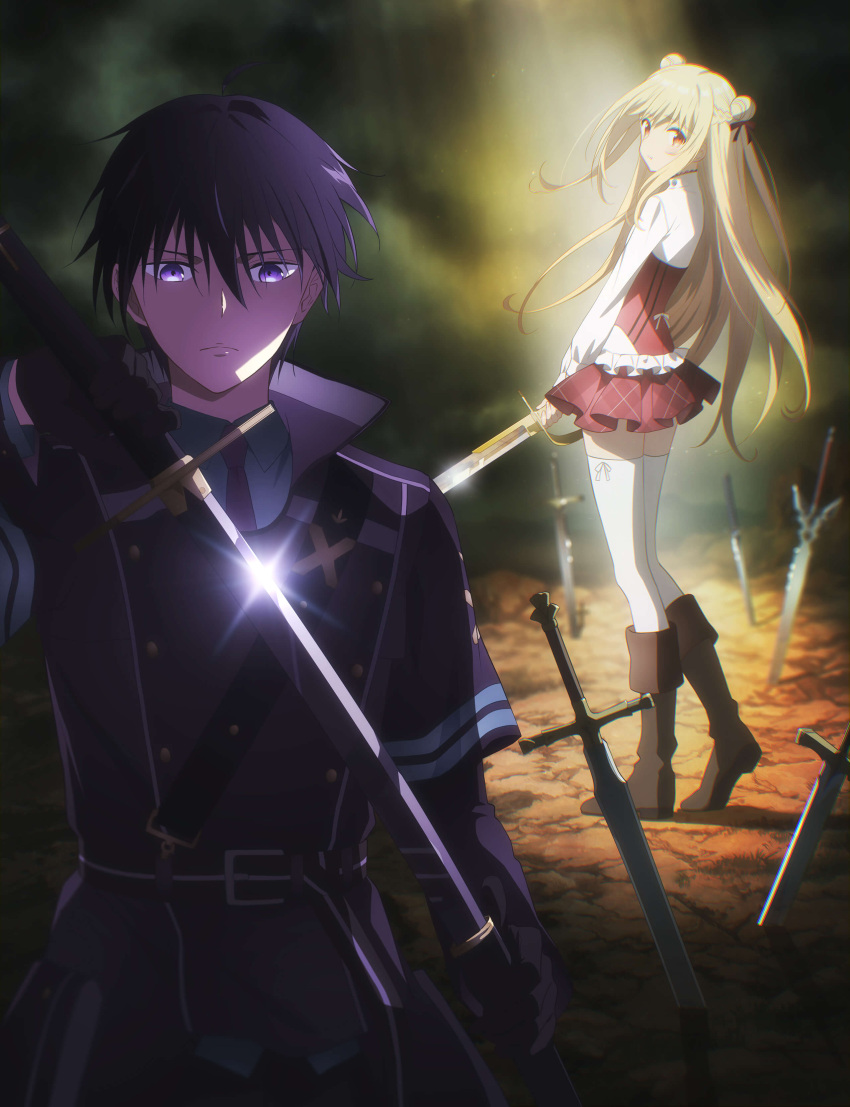 1boy, 1girl, absurdres, assassins_pride, blonde_hair, boots, double_bun, highres