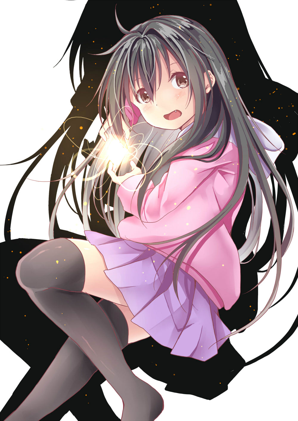 1girl, bangs, black_hair, black_legwear, blush, brown_eyes, child, commentary_request
