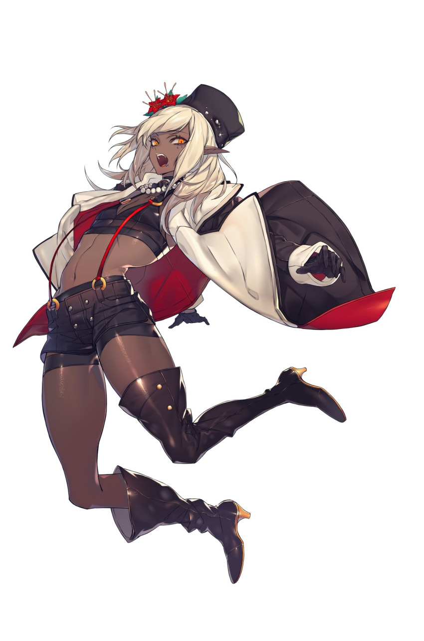 1girl, black_footwear, black_gloves, blonde_hair, boots, breasts, buckle, cleavage