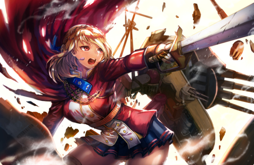 1girl, azur_lane, bangs, blonde_hair, blue_skirt, braid, breasts, cannon