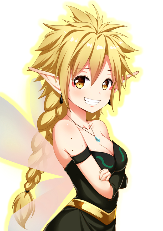 1girl, armlet, black_dress, black_sleeves, blonde_hair, braided_ponytail, breasts, cleavage, collarbone, crossed_arms, detached_sleeves, dress, earrings, fairy, grin, hair_between_eyes, jewelry, long_hair, looking_at_viewer, medium_breasts, necklace, pointy_ears, ponytail, qingwa_fu_luo, ramirisu, shiny, shiny_hair, simple_background, sleeveless, sleeveless_dress, smile, solo, spiky_hair, standing, striped, striped_dress, tensei_shitara_slime_datta_ken, twin_braids, twintails, white_background, wings, yellow_eyes