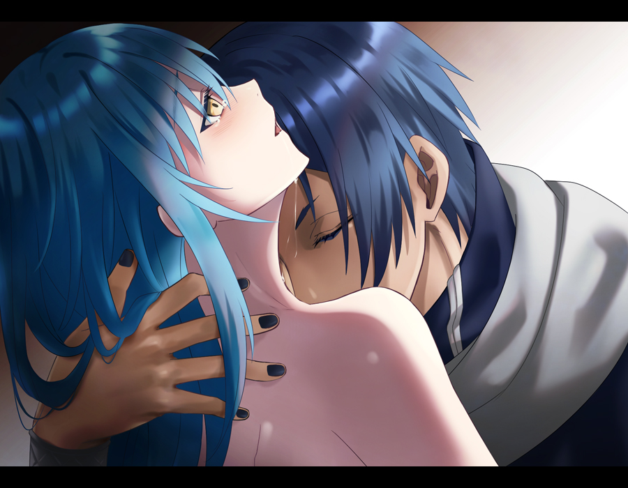 1boy, 1girl, black_nails, blue_hair, closed_eyes, couple, hetero, kazuya_31