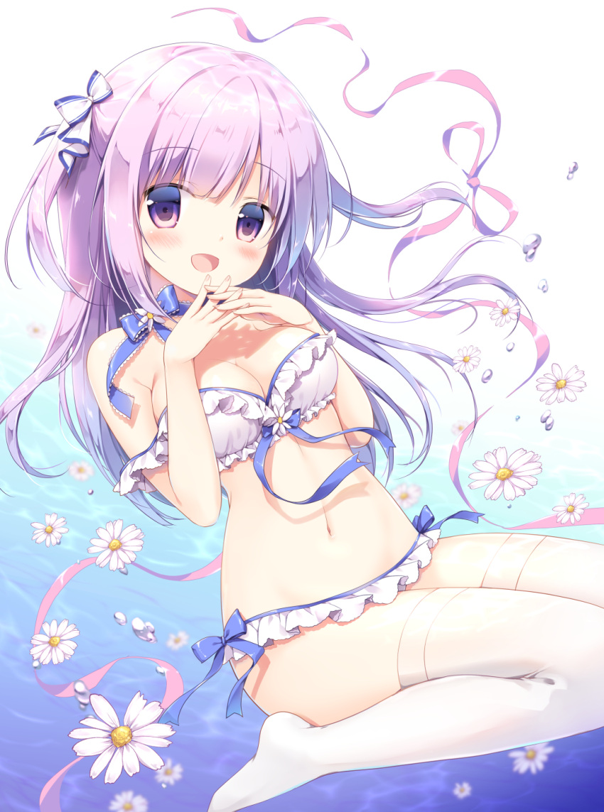 1girl, :d, air_bubble, bangs, bikini, blue_bow, blush, bow, breasts, bubble, cleavage, commentary_request, eyebrows_visible_through_hair, fingernails, flower, frilled_bikini, frills, hair_between_eyes, hair_bow, hands_up, head_tilt, highres, interlocked_fingers, long_hair, looking_at_viewer, medium_breasts, miyasaka_nako, no_shoes, open_mouth, original, purple_hair, red_eyes, red_ribbon, ribbon, sitting, smile, solo, strapless, strapless_bikini, striped, striped_bow, swimsuit, thigh-highs, two_side_up, very_long_hair, wariza, water, white_background, white_bikini, white_bow, white_flower, white_legwear
