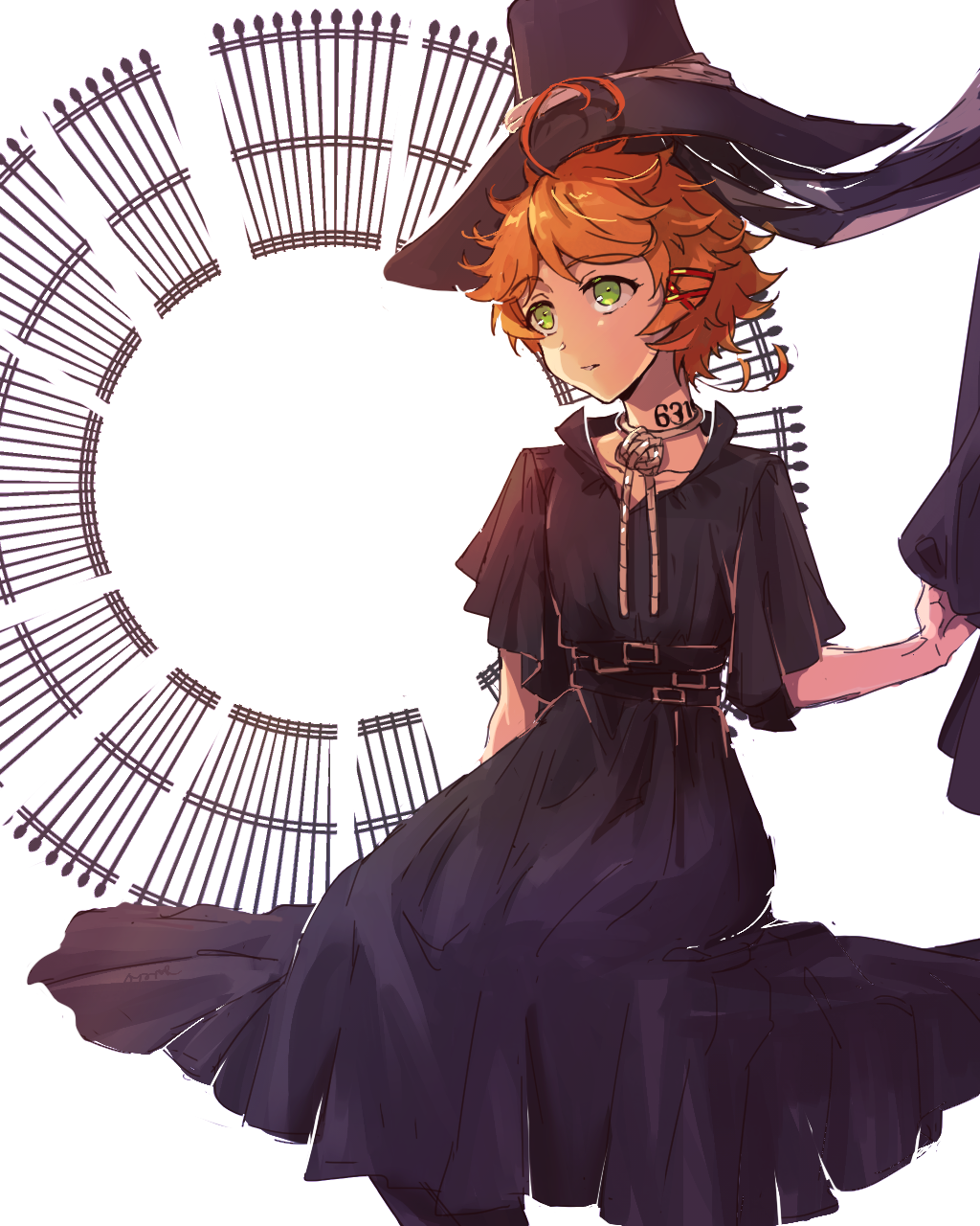 1girl, ahoge, ayame_(ayame122snow), black_dress, black_headwear, curtains, dress, emma_(yakusoku_no_neverland)