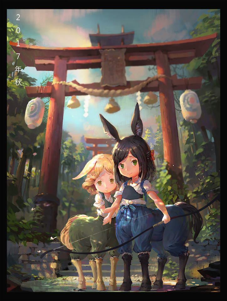 2girls, animal_ears, archery, arm_hug, black_hair, blonde_hair, blue_bodysuit, bodysuit