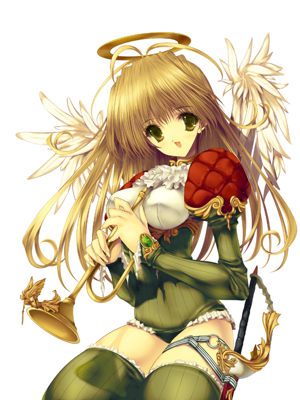 1girl, blonde_hair, female, halo, instrument, instruments, long_hair, okonogi_noi