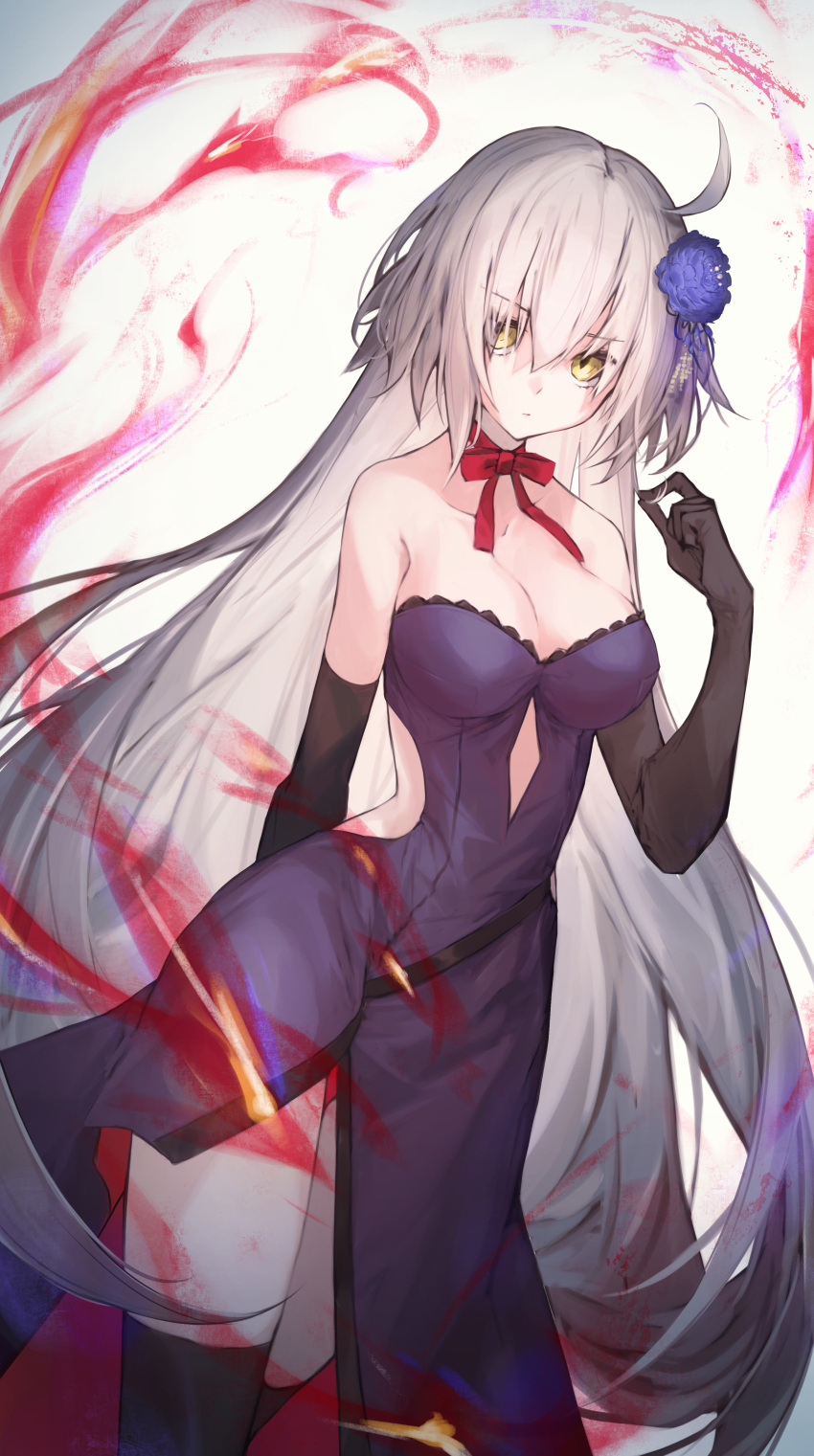 1girl, absurdres, ahoge, bangs, bare_shoulders, black_dress, black_gloves, black_legwear