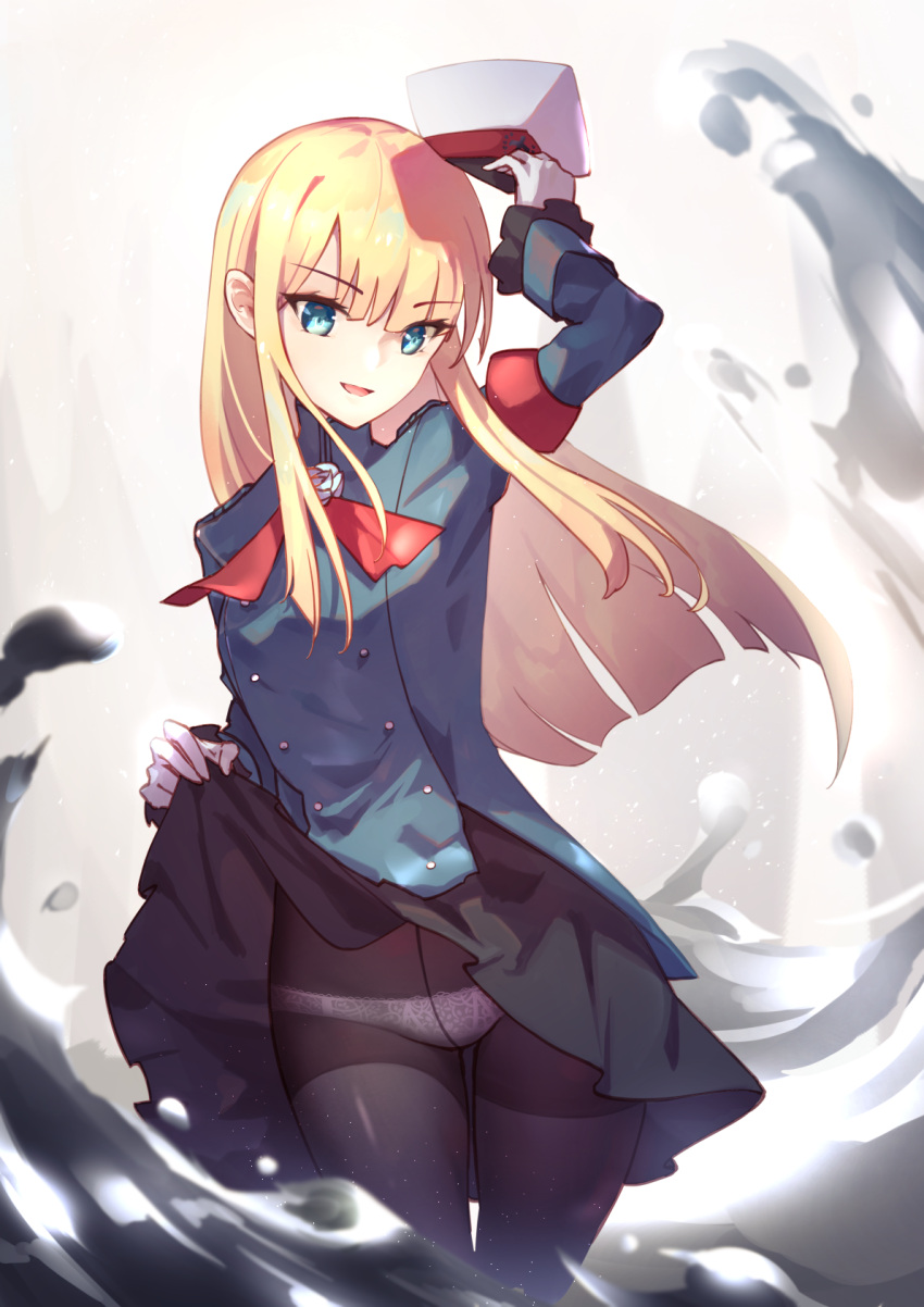 1girl, armband, black_legwear, black_skirt, blonde_hair, faicha, fate/grand_order, fate_(series), flower, frilled_sleeves, frills, gloves, green_eyes, gusset, hat, hat_removed, headwear_removed, highres, long_hair, lord_el-melloi_ii_case_files, neck_ribbon, panties, panties_under_pantyhose, pantyhose, red_ribbon, reines_el-melloi_archisorte, ribbon, rose, sidelocks, skirt, solo, thigh_gap, thighs, underwear, white_background, white_gloves