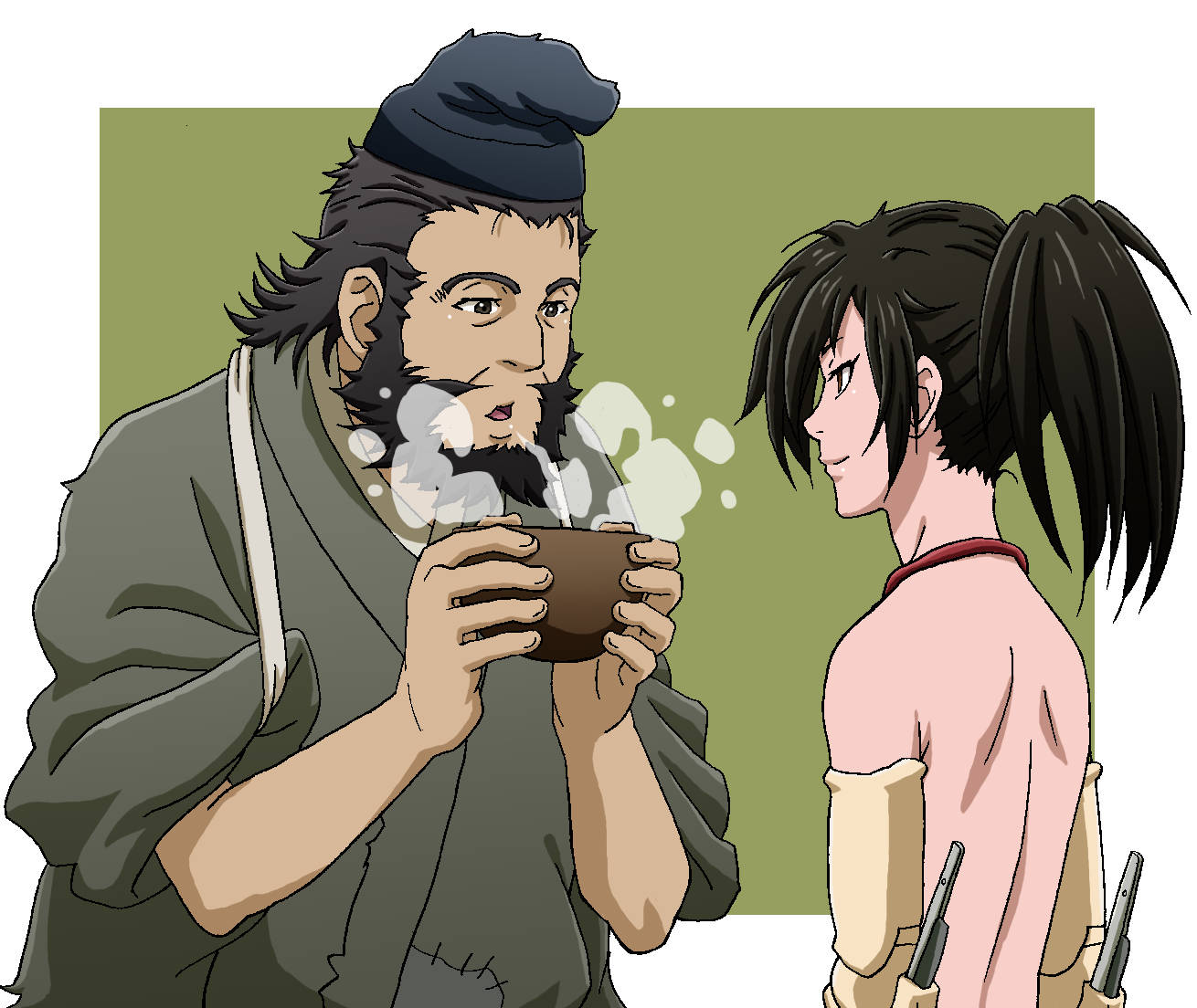 2boys, beard, black_hair, blowing_on_food, bowl, brown_eyes, dororo_(tezuka), facial_hair